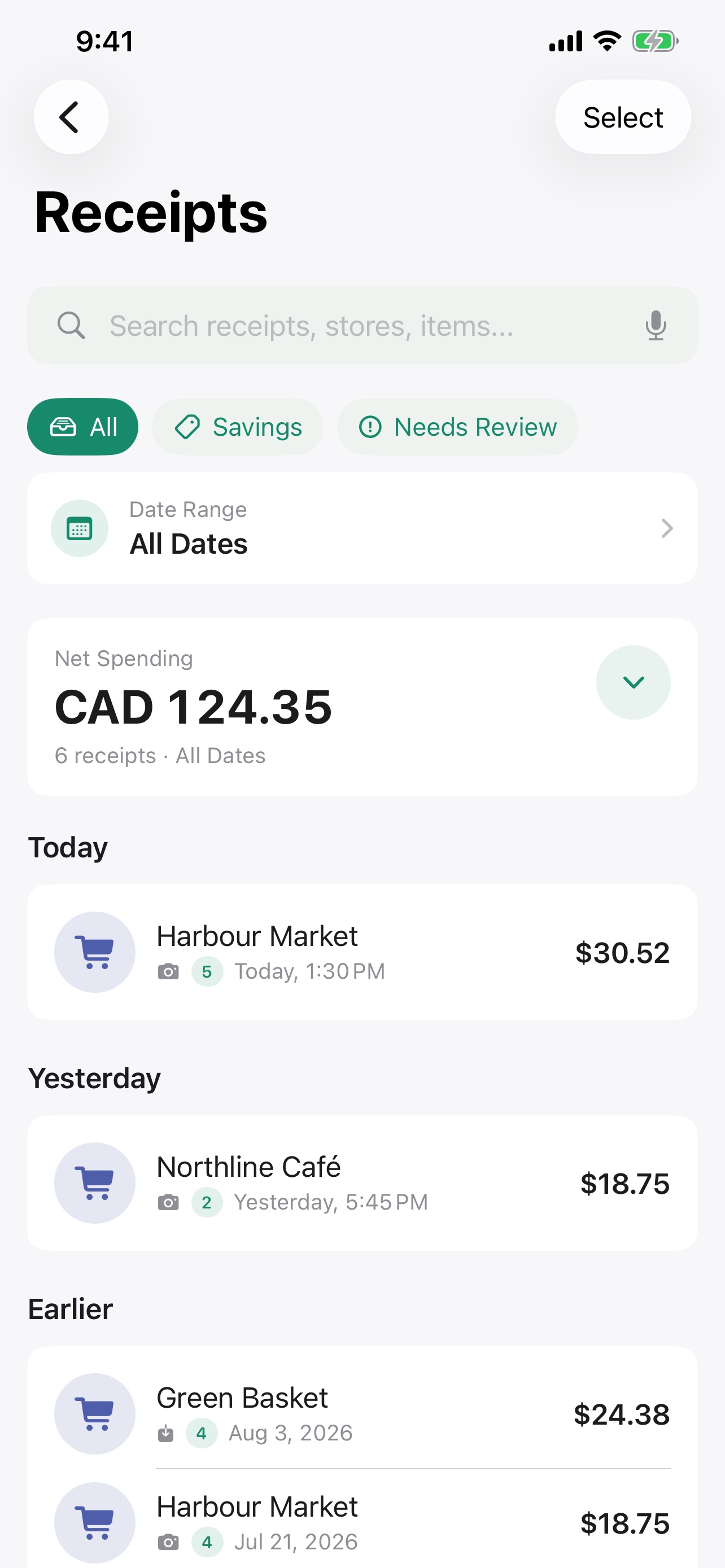 Recipti receipt library and search screen